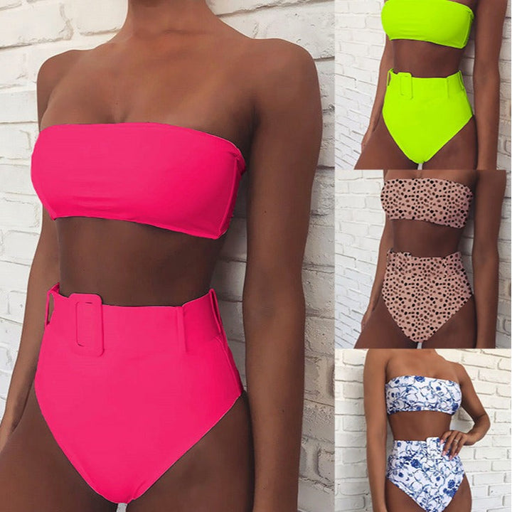 Damen Hoch tailliertes Bandeau-Bikini-Set mit modischem Leopardenmuster Drune
