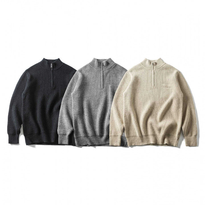 Unisex Grobgestrickter Halbzip‑Pullover mit Troyerkragen und Brusttasche Drune