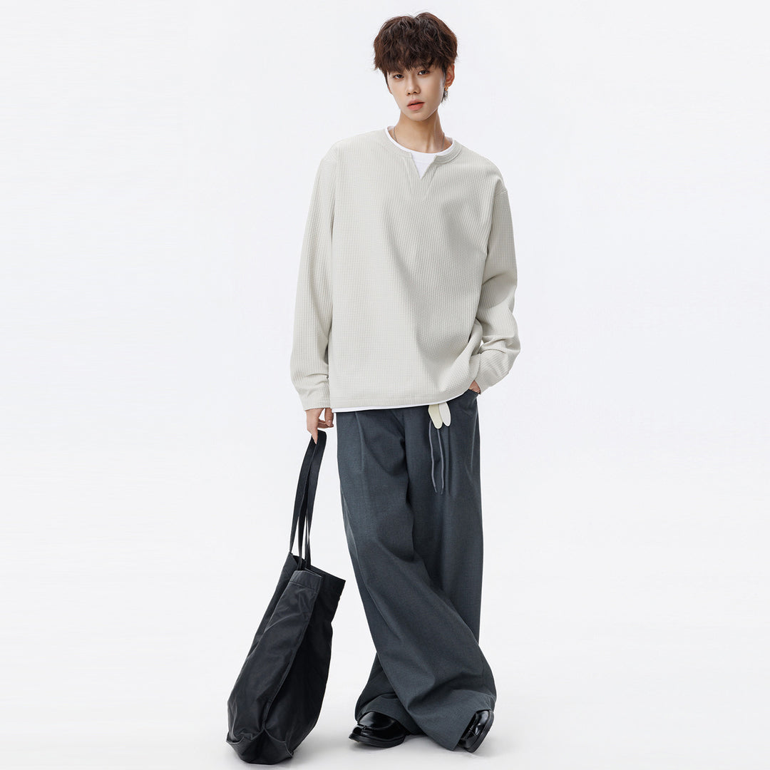 Herren Oversized Waffelstruktur-Sweatshirt mit V-Ausschnitt und Lagenoptik Drune