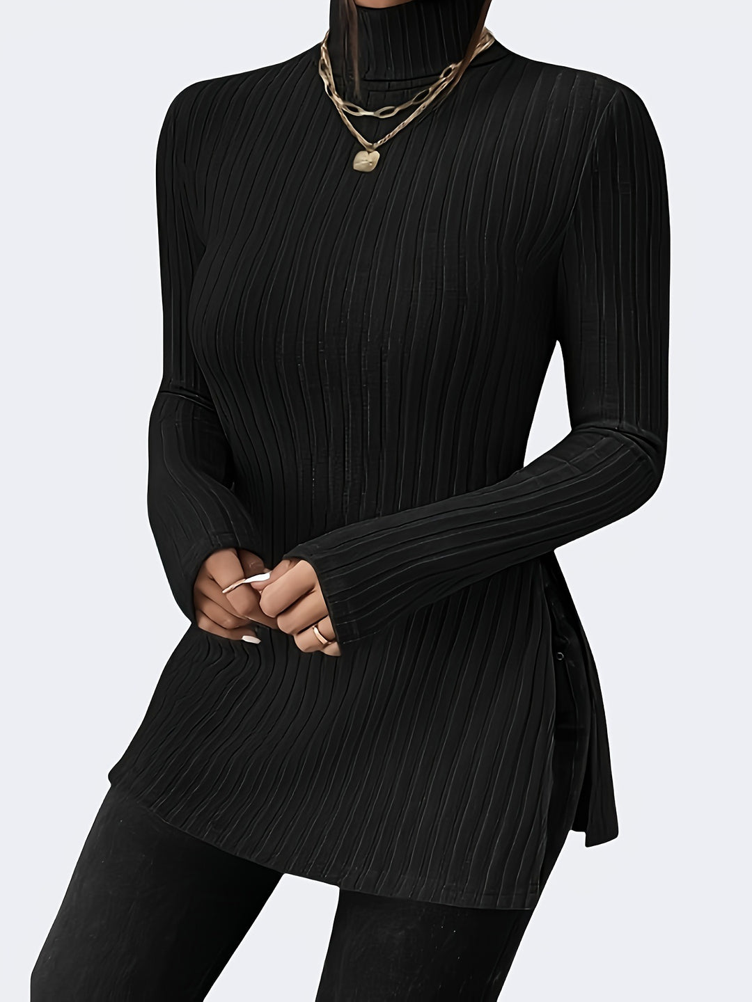 Damen Figurschmeichelnder gerippter Rollkragen-Longpullover mit Seitenschlitzen Drune