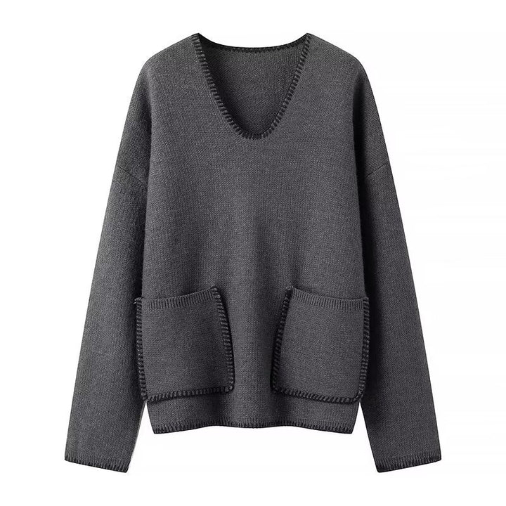 Damen lässiger Strickpullover mit V-Ausschnitt und praktischen Taschen Drune
