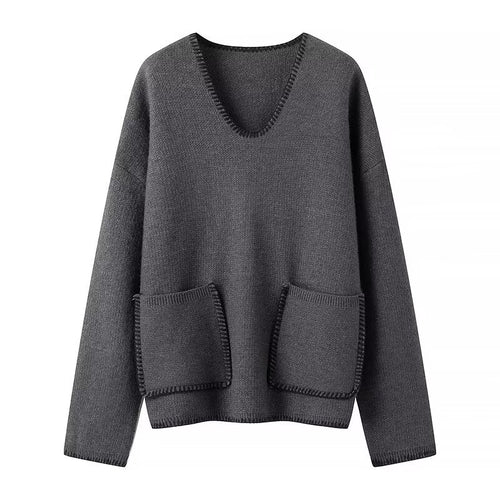 Damen lässiger Strickpullover mit V-Ausschnitt und praktischen Taschen Drune