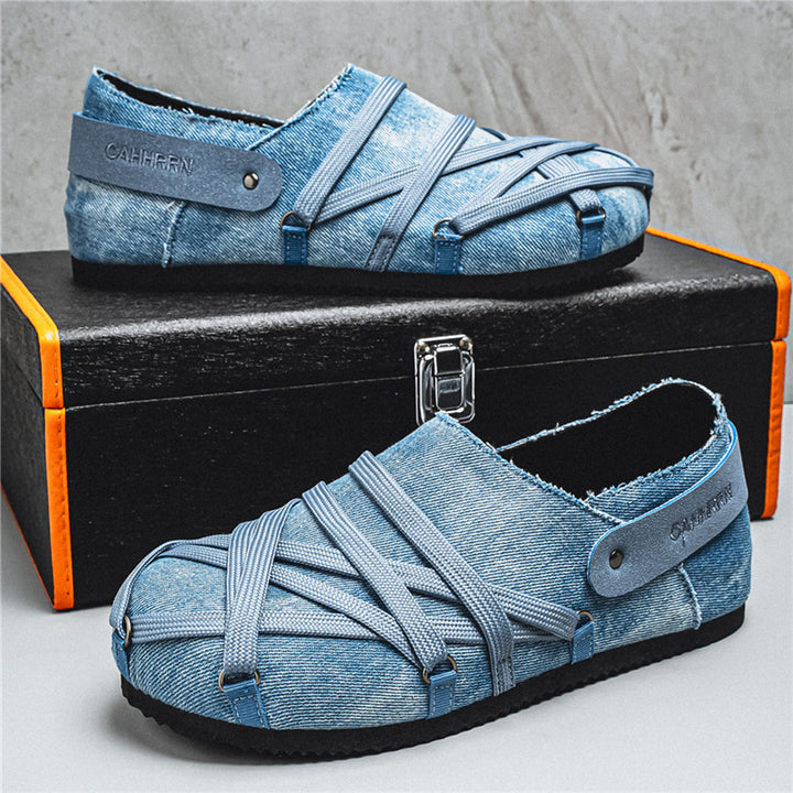 Herren lässige Slipper im Denim-Look mit elastischen Riemen, verstellbarem Fersenriemen und profilierter Gummisohle Drune