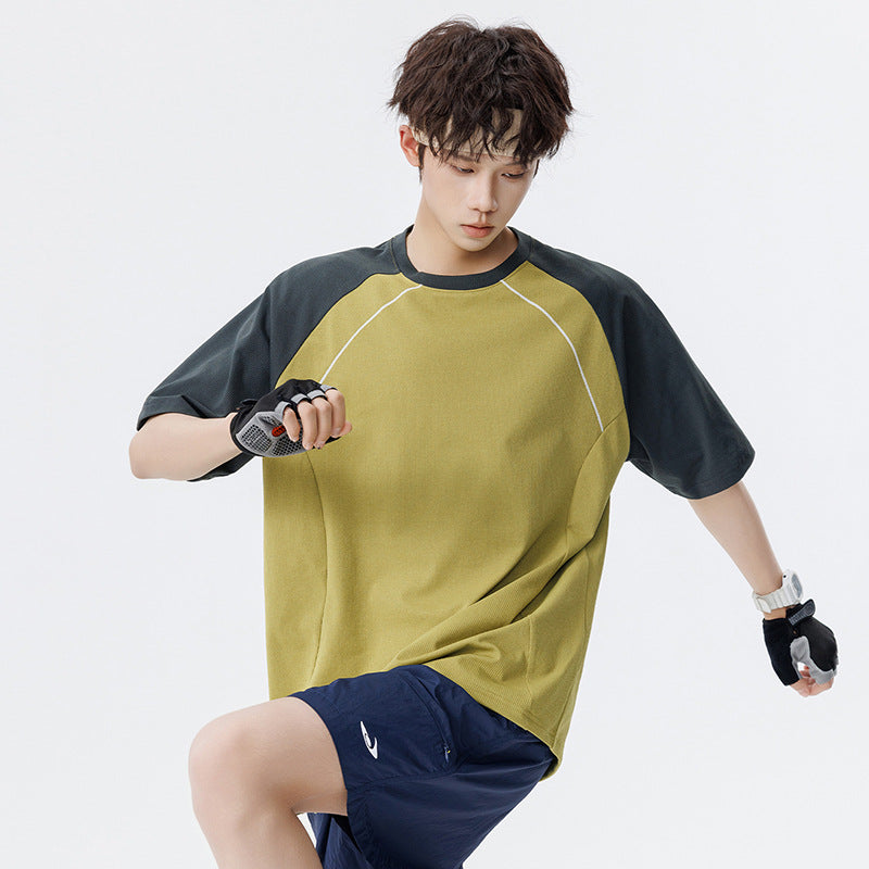 Herren Sportives Oversize Waffelstruktur-Raglan-T-Shirt mit Kontrastärmeln und atmungsaktivem Funktionsjersey Drune