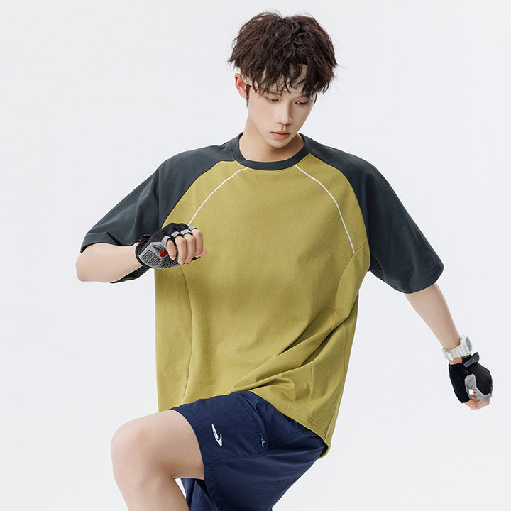 Herren Sportives Oversize Waffelstruktur-Raglan-T-Shirt mit Kontrastärmeln und atmungsaktivem Funktionsjersey Drune