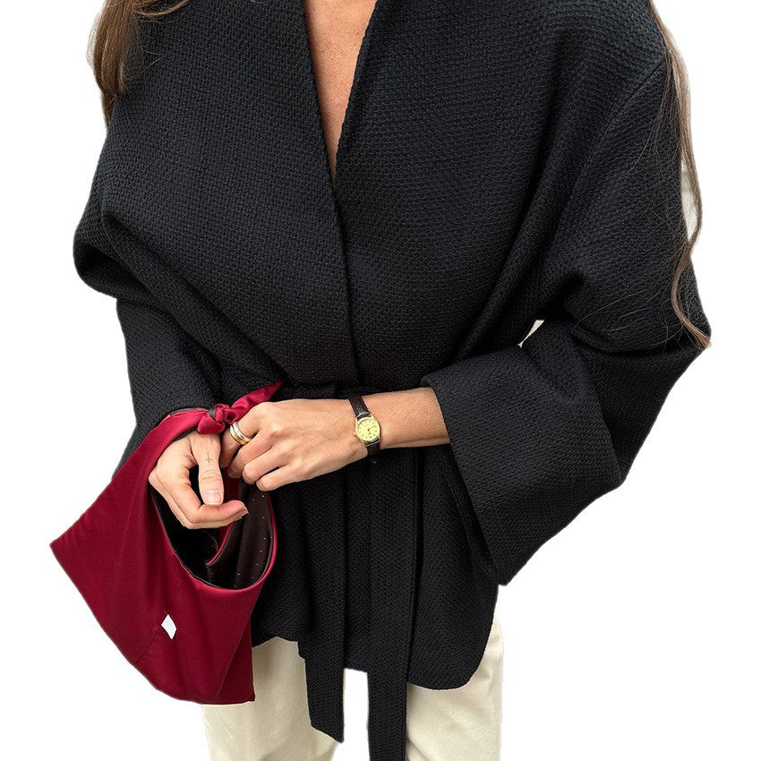 Damen lässige Waffelstoffjacke mit Taillengürtel Drune