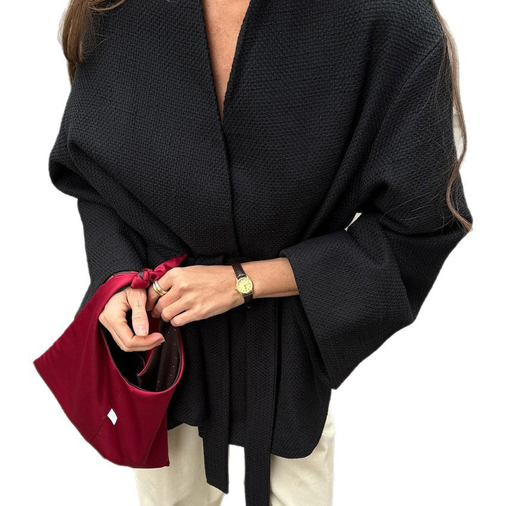 Damen lässige Waffelstoffjacke mit Taillengürtel Drune