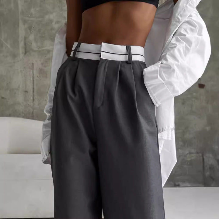 Damen Hochtaillierte weite Bundfaltenhose mit Kontrastbund Drune