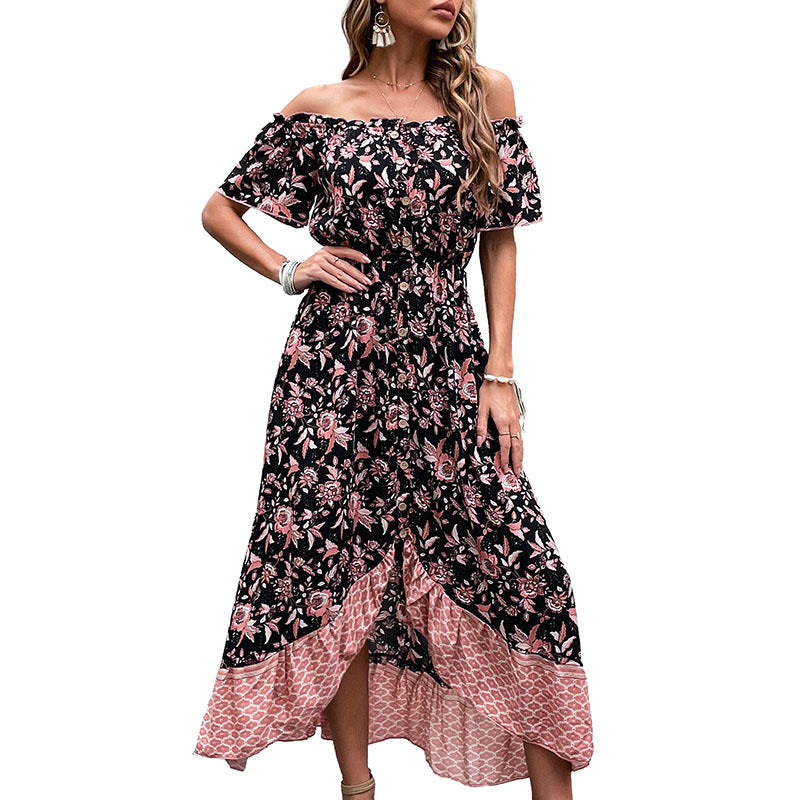 Damen Schulterfreies Boho-Maxikleid mit elastischer Smok-Taille, floralem Patchwork und hohem Seitenschlitz Drune