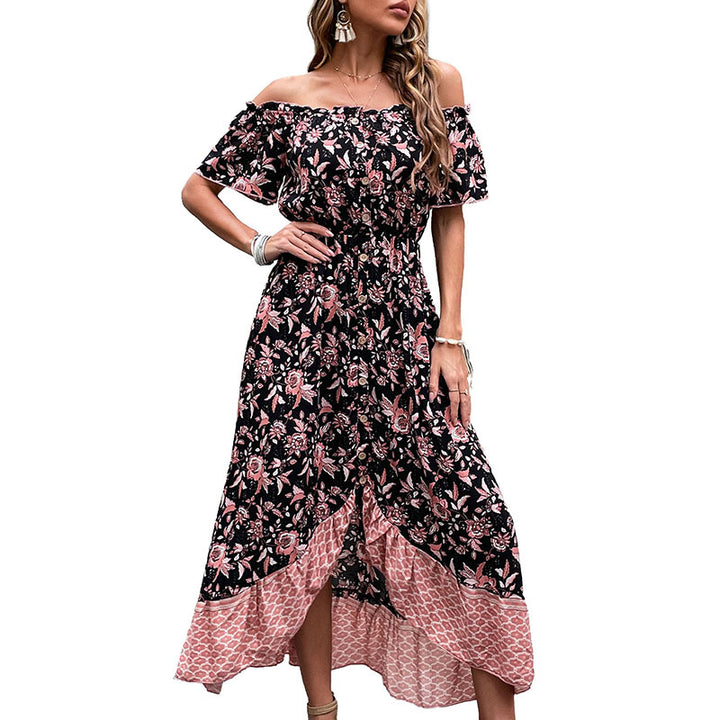 Damen Schulterfreies Boho-Maxikleid mit elastischer Smok-Taille, floralem Patchwork und hohem Seitenschlitz Drune