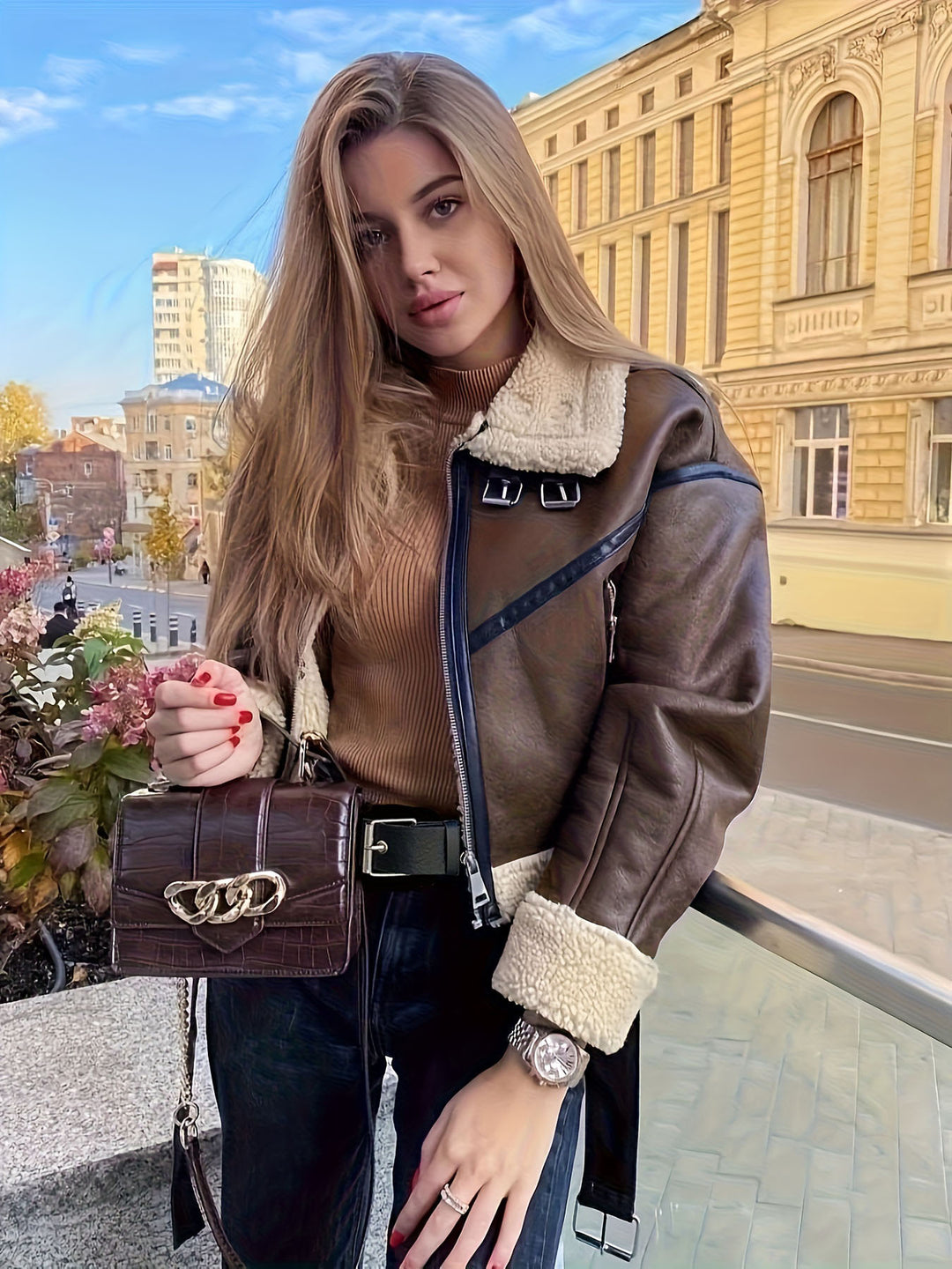 Damen Trendige und stilvolle Lederjacke mit Teddyfutter