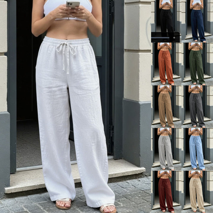Damen Weite Leinenoptik-Hose mit Gummibund, Tunnelzug und Seitentaschen Drune