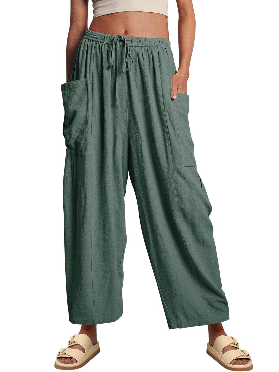 Damen nan weite Palazzohose aus leichtem Leinenmix mit Tunnelzug und seitlicher Tasche Drune