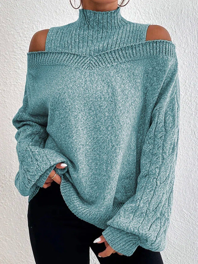 Damen nan schulterfreier Strickpullover mit Stehkragen und Zopfmusterärmeln Drune