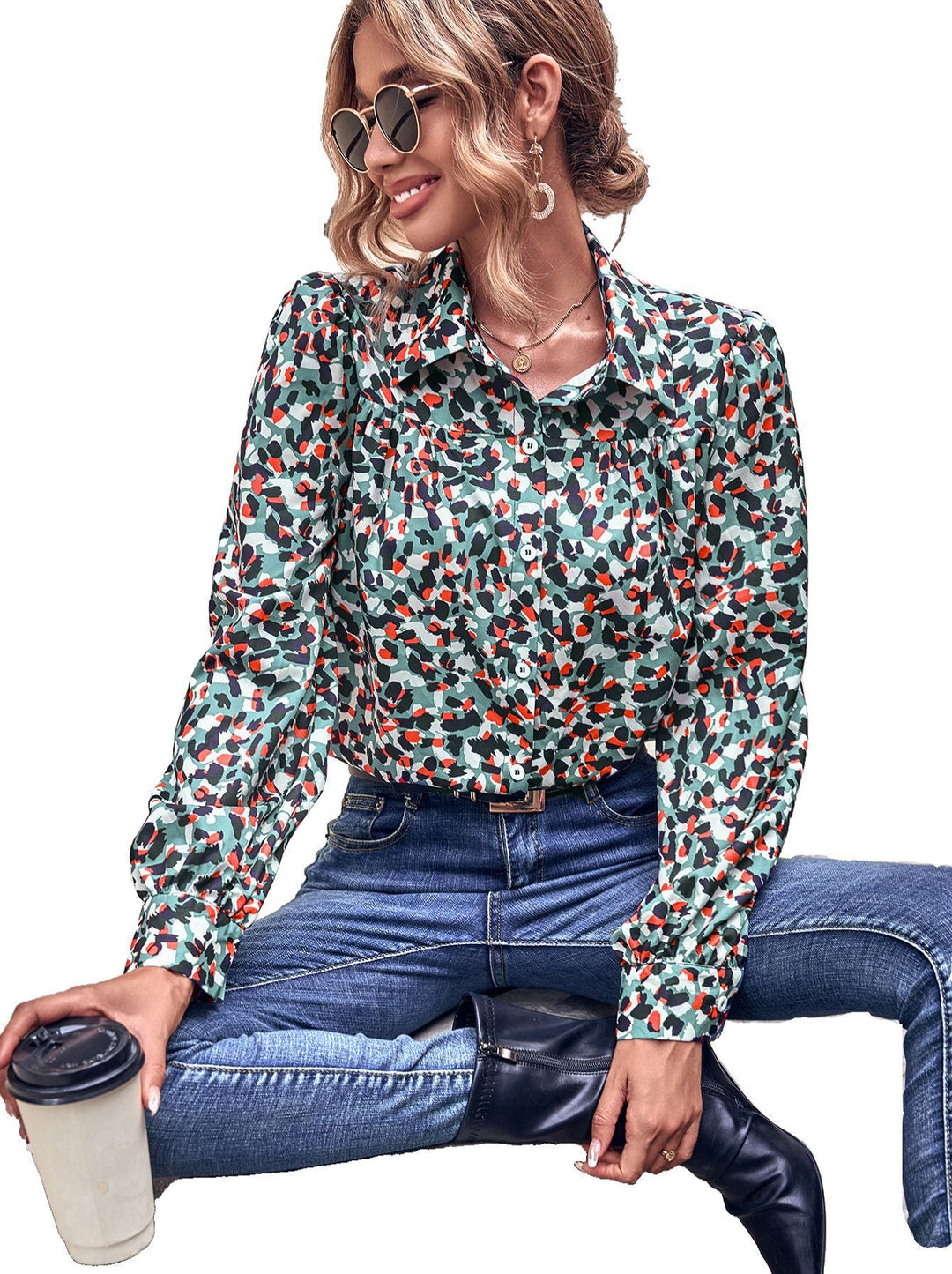 Damen Bluse mit floralem Muster und Puffärmeln Drune