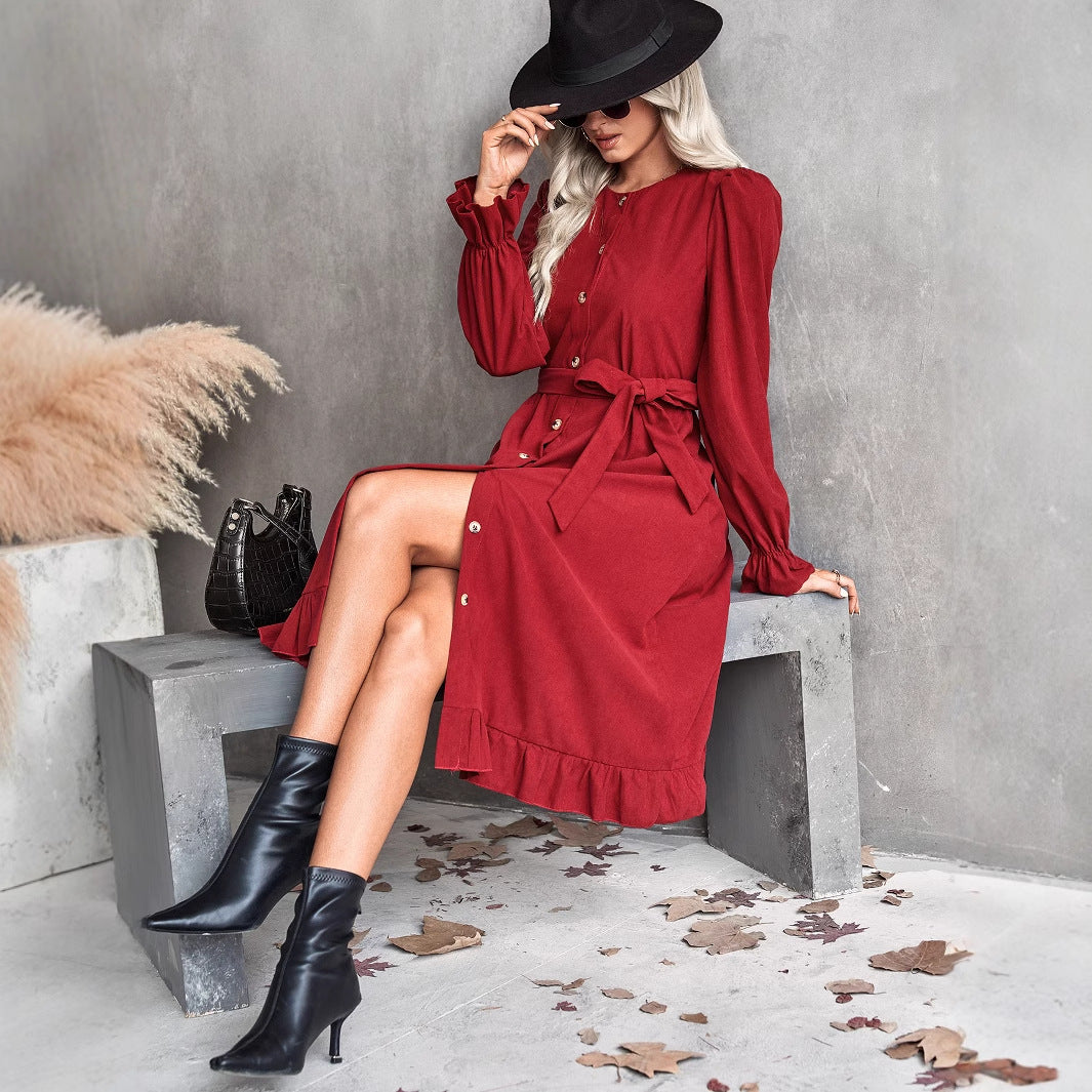 Damen langärmliges Wickelkleid mit Knopfdetails und taillierter Silhouette Drune