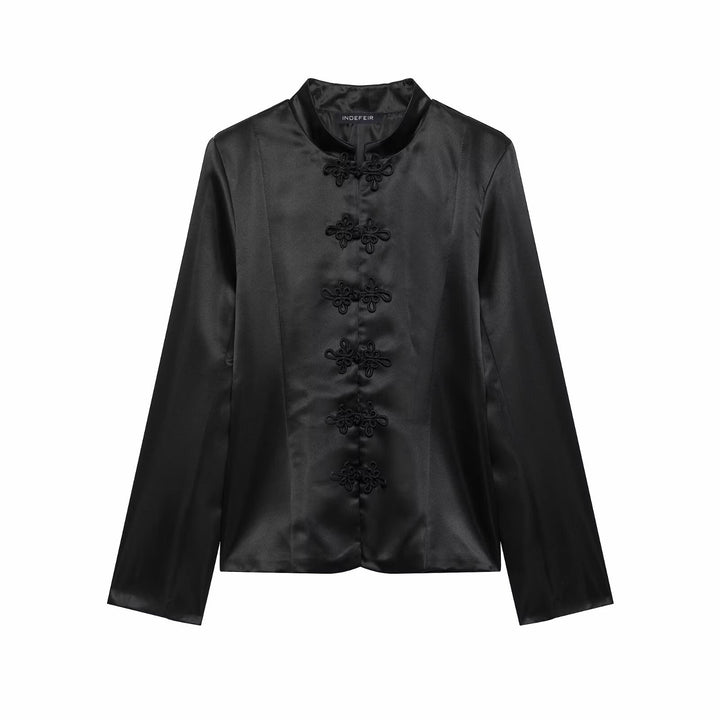 Damen Satin-Blazerjacke mit Mandarinkragen und Zierfroschknöpfen Drune