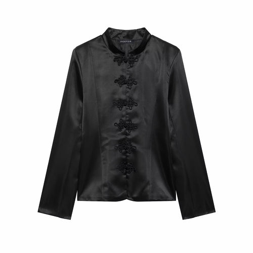 Damen Satin-Blazerjacke mit Mandarinkragen und Zierfroschknöpfen Drune