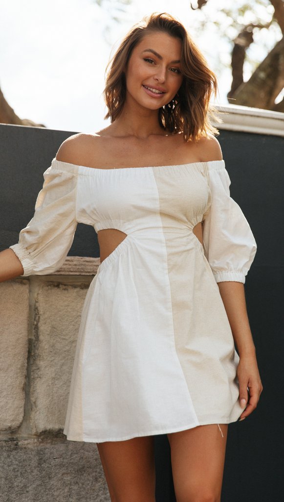 Damen Off-Shoulder Minikleid mit Cut-Outs und Puffärmeln Drune
