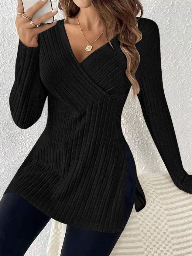Damen Figurbetonte Rippstrick‑Tunika mit Wickel‑V‑Ausschnitt und seitlichen Schlitzen Drune