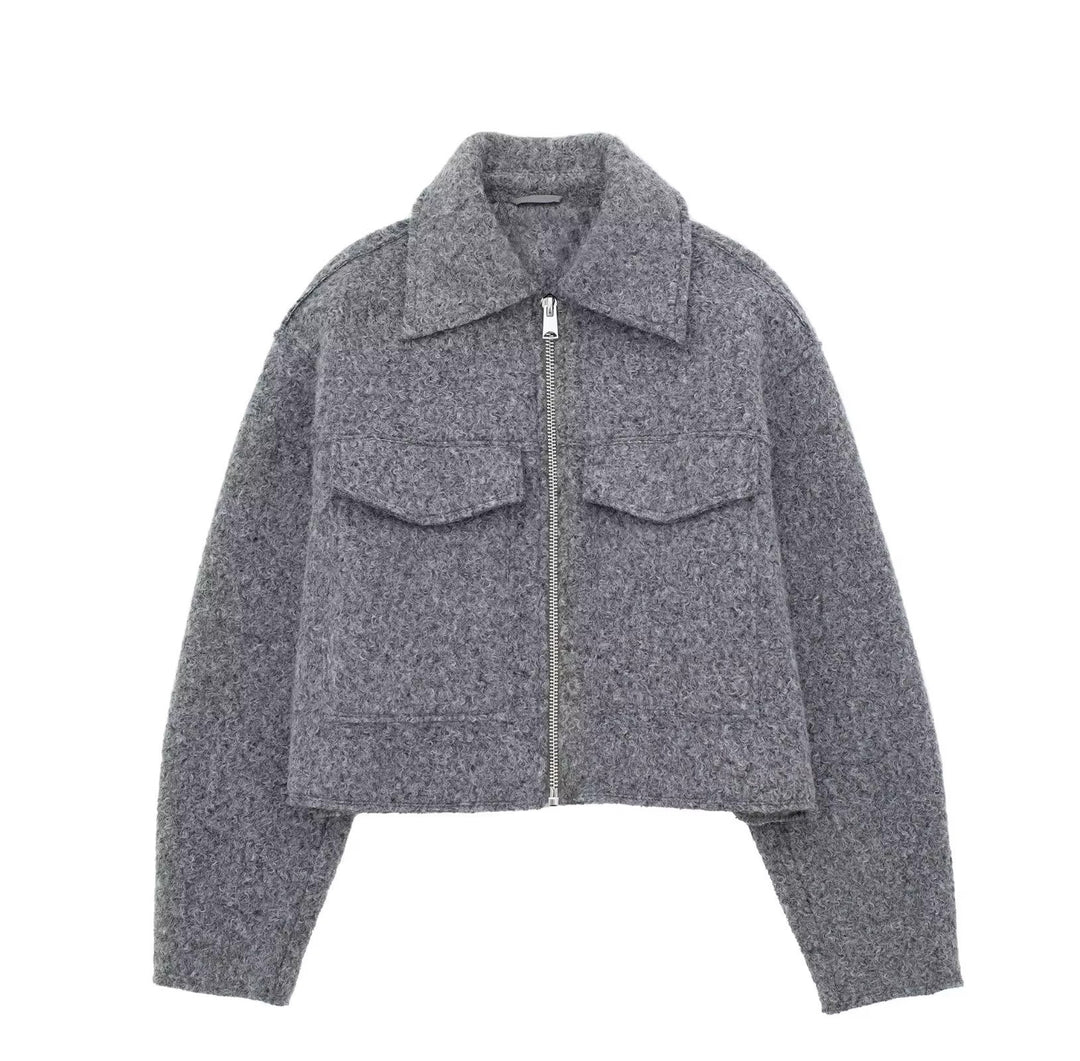 Damen Kurzgeschnittene Sherpa-Jacke mit Reißverschluss und aufgesetzten Pattentaschen Drune