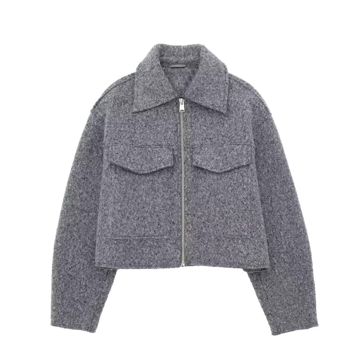Damen Kurzgeschnittene Sherpa-Jacke mit Reißverschluss und aufgesetzten Pattentaschen Drune