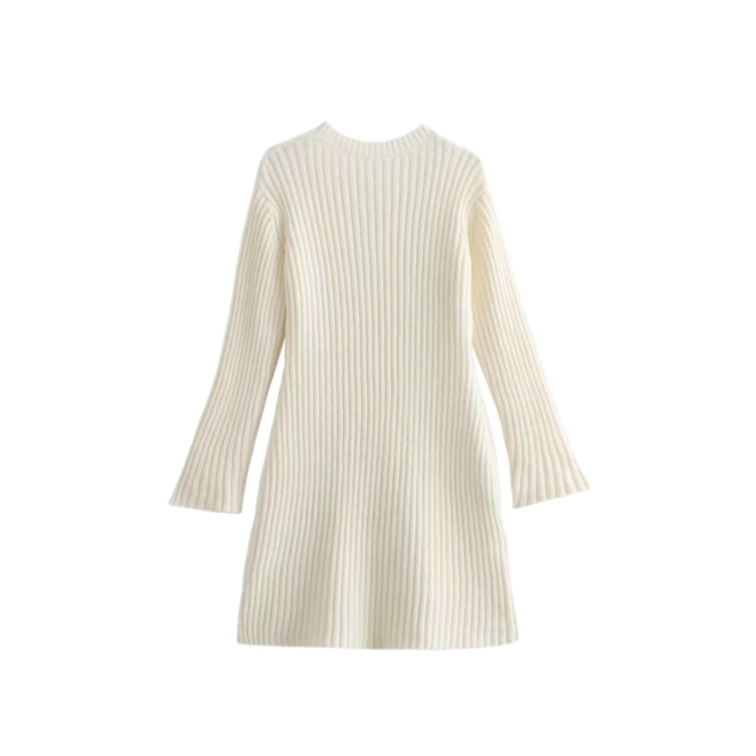 Damen Geripptes Feinstrick-Minikleid mit Glockenärmeln und taillierter Passform Drune