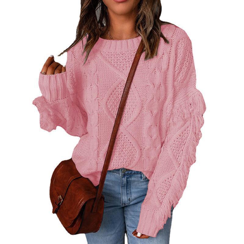 Damen Grobstrick-Pullover mit Zopfstruktur, fransigen Ärmeln und legerer Oversize-Passform Drune