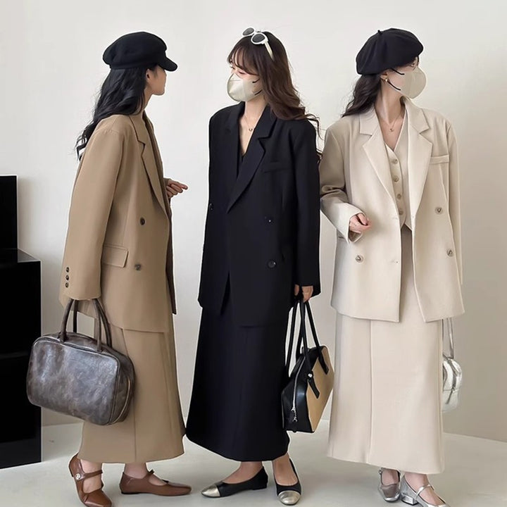 Damen Oversize-Sakko mit kastiger Weste und knöchellangem Midirock Drune