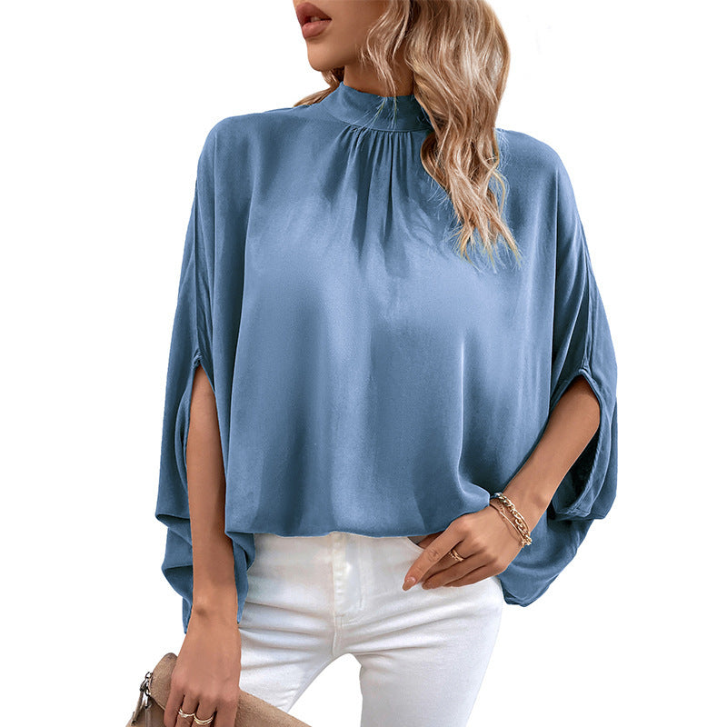 Damen Elegante Bluse mit Stehkragen und Seitenschlitzen Drune