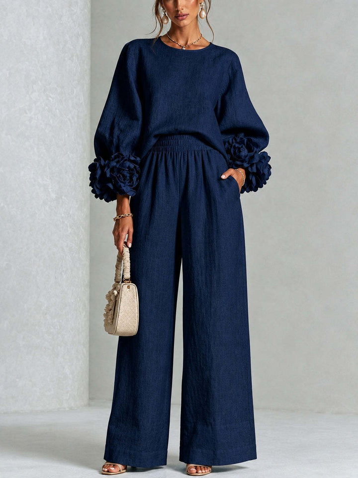 Damen Zweiteiliges Ensemble mit Ballonärmeln und Blumenmanschetten Drune