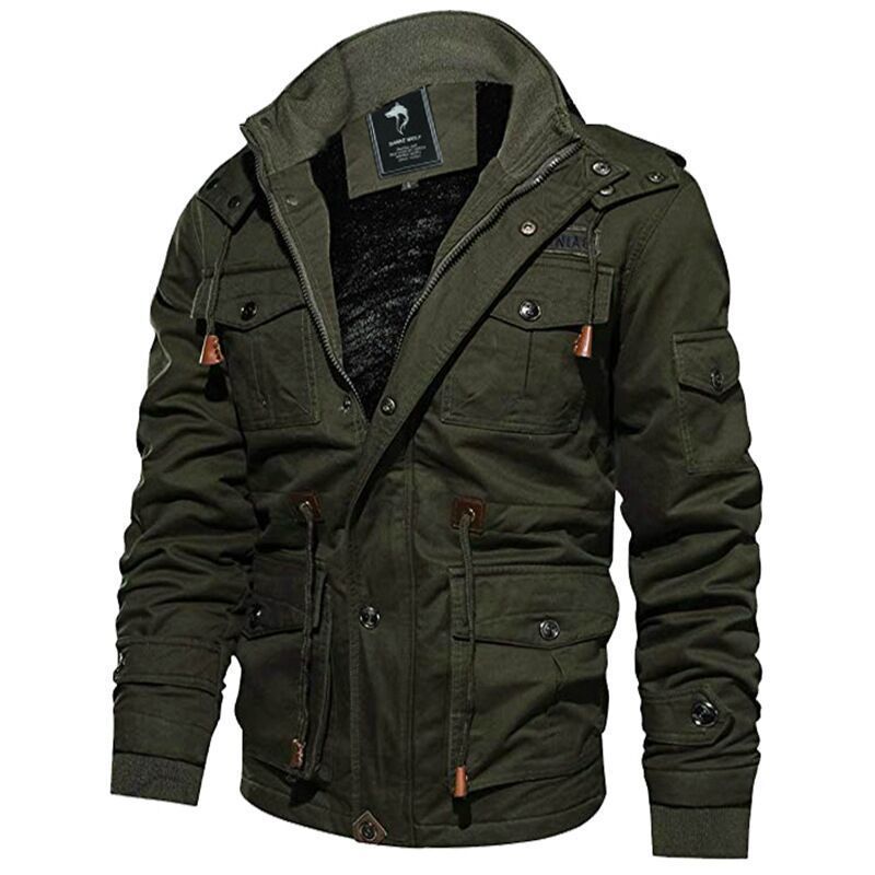 Herren Militärinspirierte Canvas-Fieldjacke mit Kapuze, Kordzug‑Taille und Fleece‑Innenfutter Drune