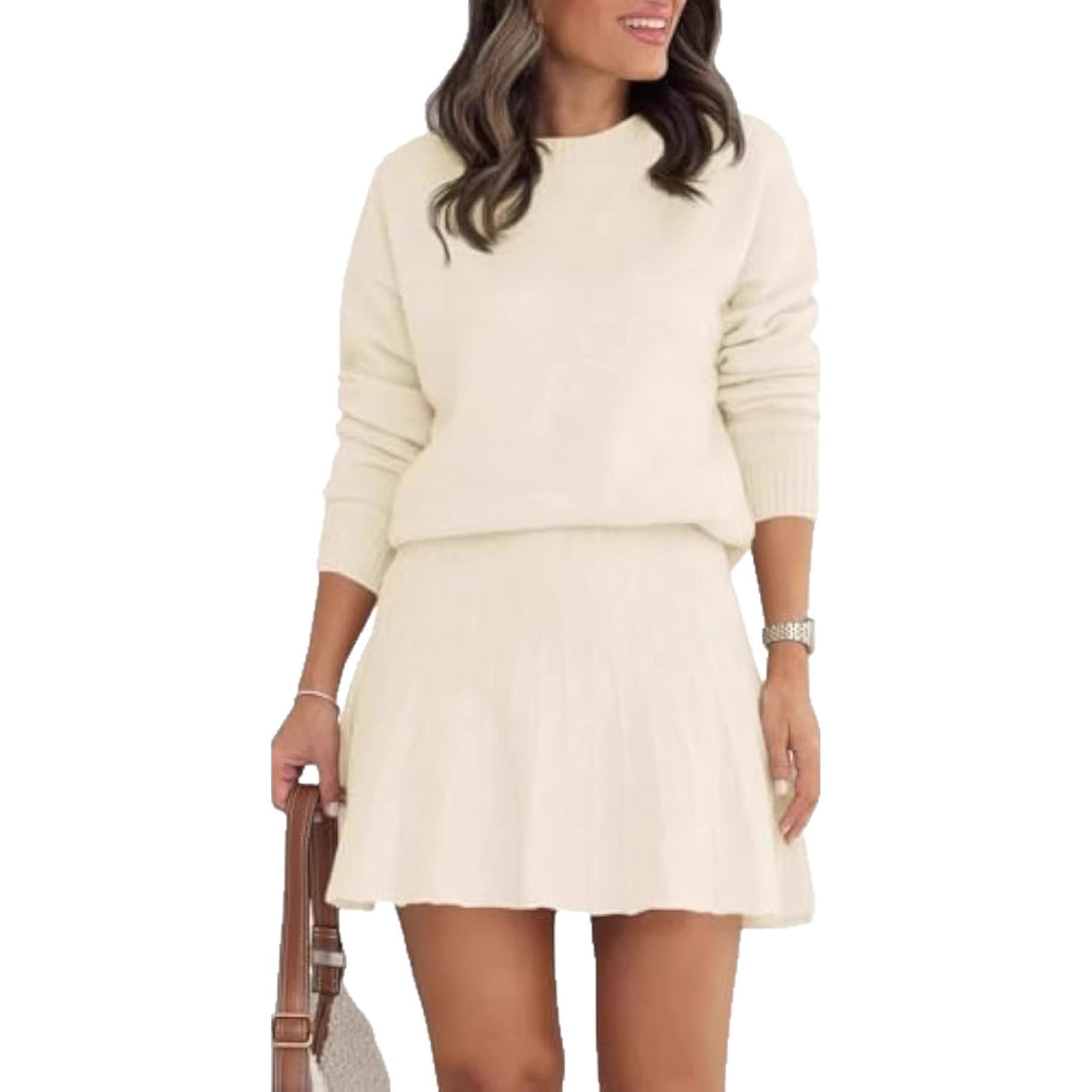 Damen Zweiteiliges Strick-Set mit Rundhals-Pullover und Plissée-Minirock Drune