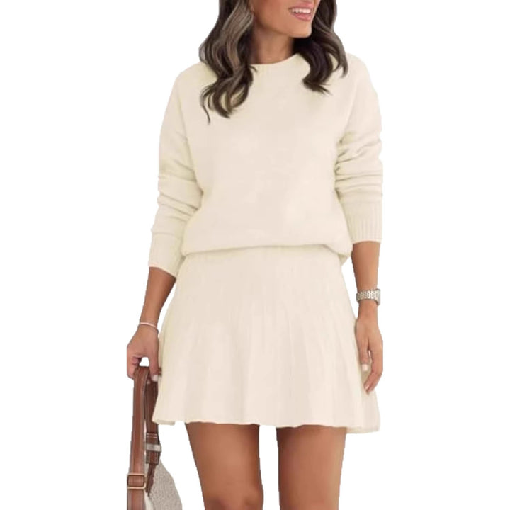 Damen Zweiteiliges Strick-Set mit Rundhals-Pullover und Plissée-Minirock Drune