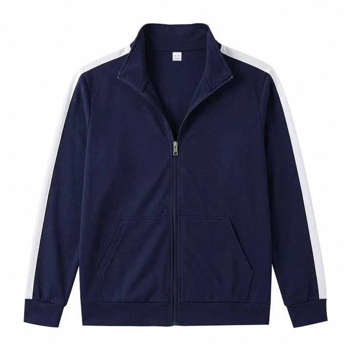Herren Retro Trackjacke mit Stehkragen, Kontraststreifen und Kängurutasche Drune