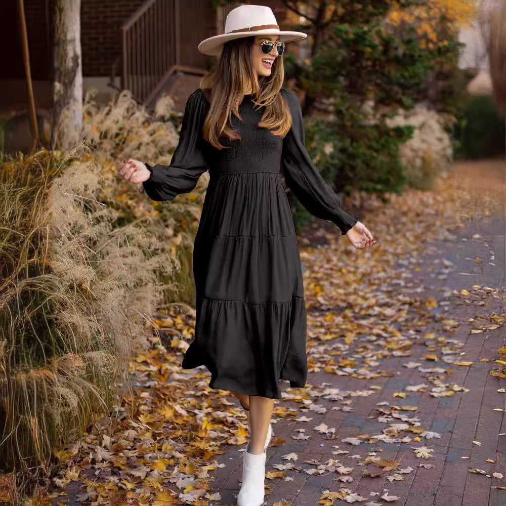 Damen lässiges Langarmkleid mit Raffung und Volantdetail Drune