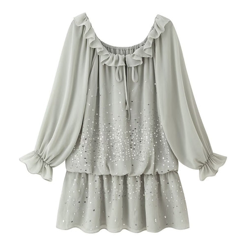 Damen Chiffon-Minikleid mit Rüschenkragen, Ballonärmeln und Paillettenbesatz Drune