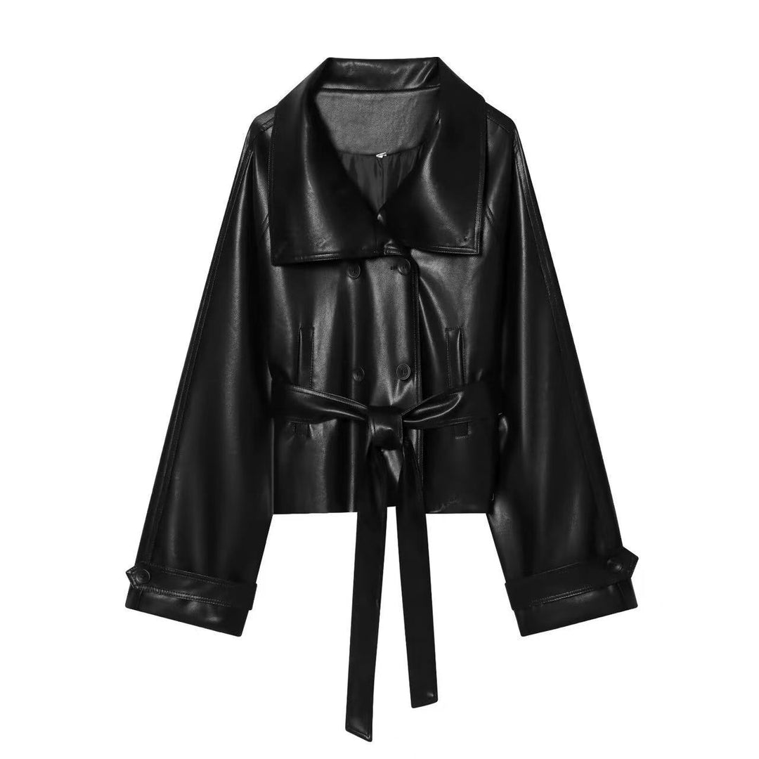 Damen Cropped Kunstleder‑Trenchjacke im Boxy‑Schnitt mit übergroßem Schalkragen und Bindegürtel Drune
