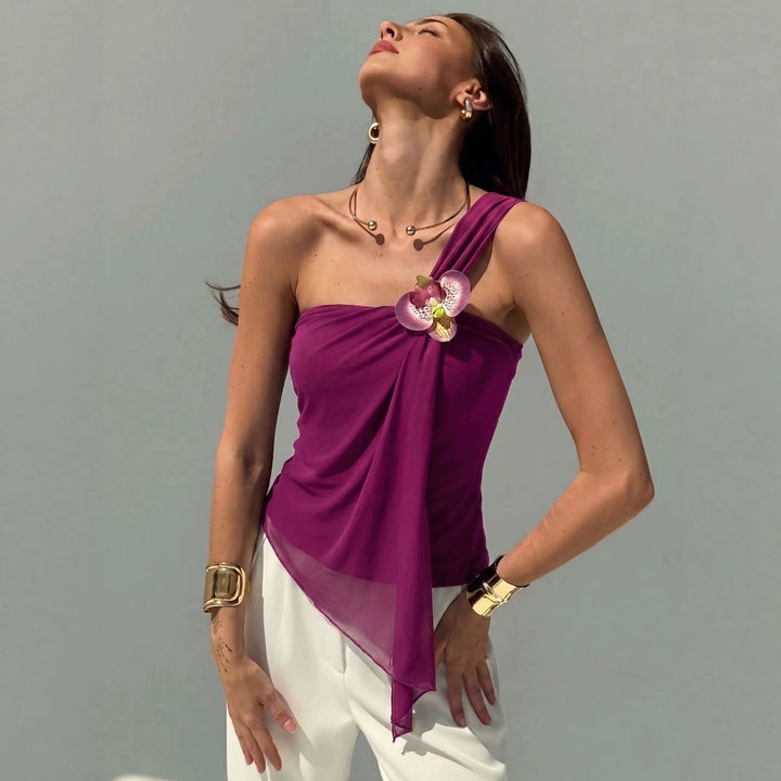 Damen nan asymmetrisches Einschulter-Chiffon-Oberteil mit Drapierung und Zierbrosche Drune