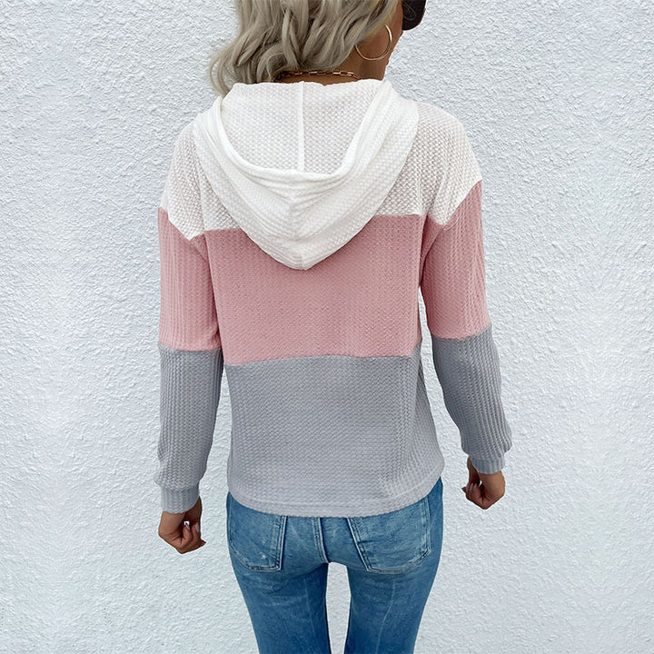 Damen Strukturierter Waffelstrick-Kapuzenpullover mit Colorblock, Tunnelzug und lässiger Passform Drune