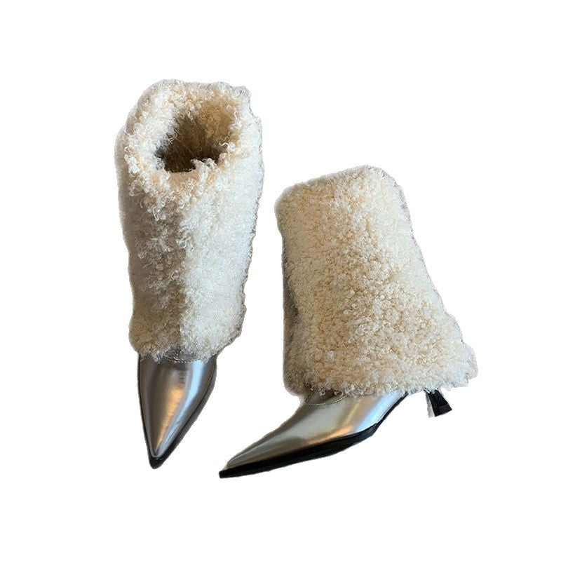 Damen Flauschige Schaftstiefel mit spitzer Lackkappe und Teddy-Finish Drune