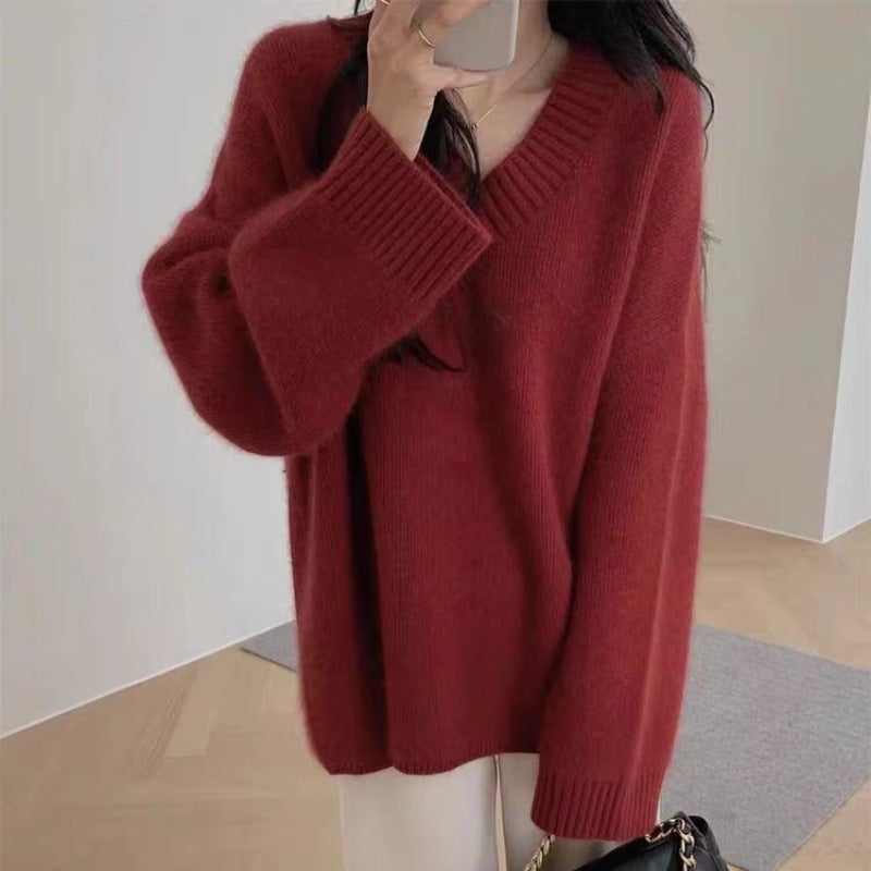 Damen Oversize V-Ausschnitt-Pullover im Mohair‑Look Drune