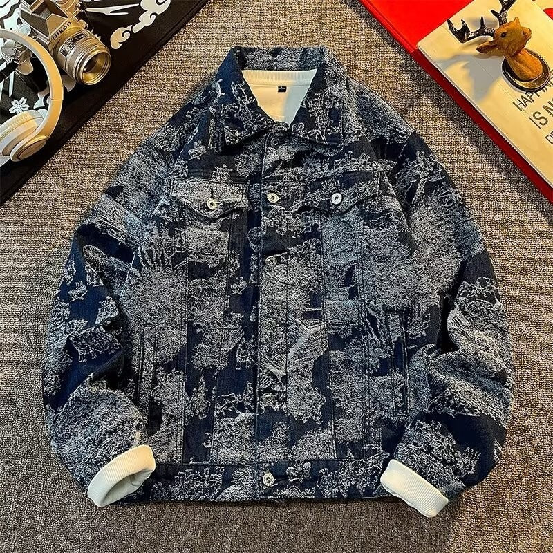 Herren Denimjacke mit kreativem Allover-Print Drune