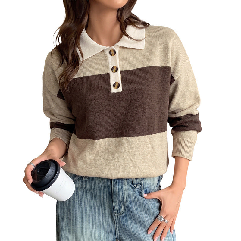 Damen Modischer Pullover mit Streifen und Knopfleiste Drune
