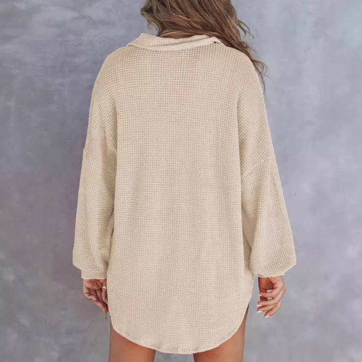 Damen Oversize Waffelstrick-Hemdbluse mit Kentkragen, Brusttasche und gerundetem Saum Drune