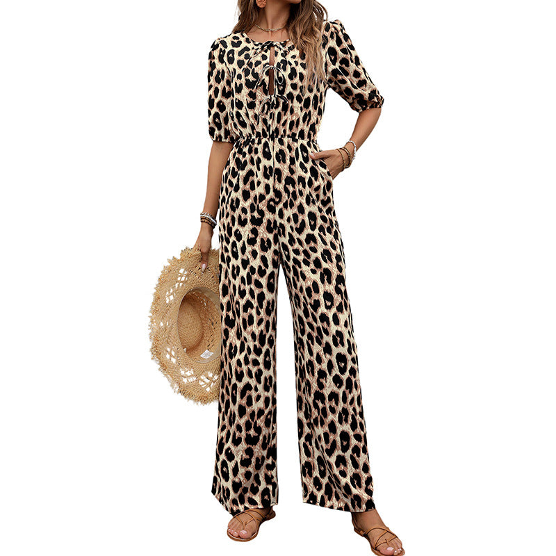 Damen lässiger Jumpsuit mit Leo-Muster und schulterfreien Puffärmeln Drune
