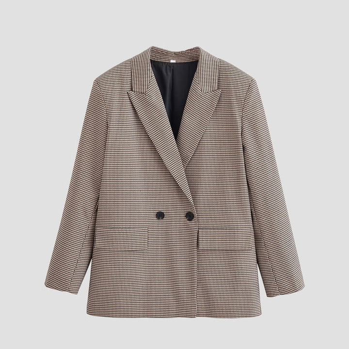 Damen Doppelreihiger Oversize-Blazer mit Hahnentritt-Check und Pattentaschen Drune