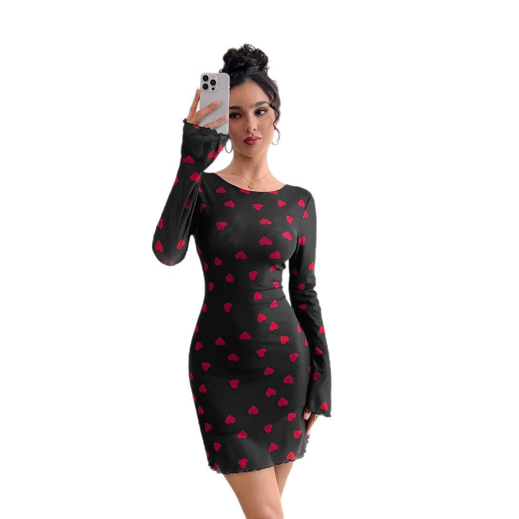 Damen nan figurbetontes Mini-Kleid aus feinem Netzstoff mit Herzmuster und Trompetenärmeln Drune