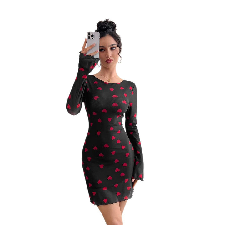 Damen nan figurbetontes Mini-Kleid aus feinem Netzstoff mit Herzmuster und Trompetenärmeln Drune