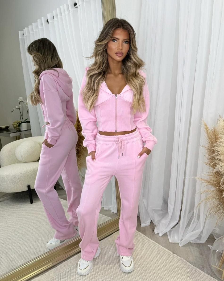 Damen Zweiteiler aus Sweat mit Cropped Kapuzenjacke und High-Waist Jogginghose Drune